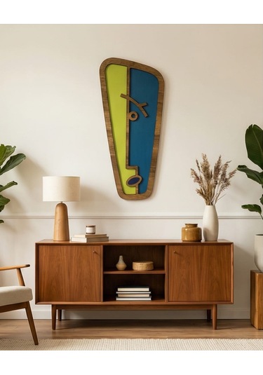 Modern Picasso Tarzı Ahşap Duvar Mask Mdf - Mavi Yeşil Soyut Geometrik Yüz Dekoru 1