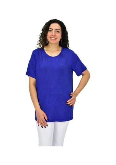 Kadın Viskon Taşlı Kısa Kol Bluz Bgl-st04679 Saks Mavi