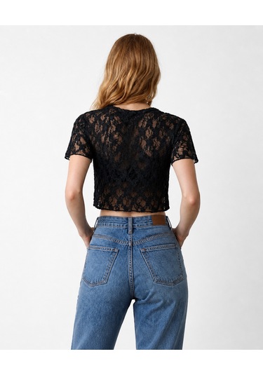 Dantel Crop Bluz Siyah