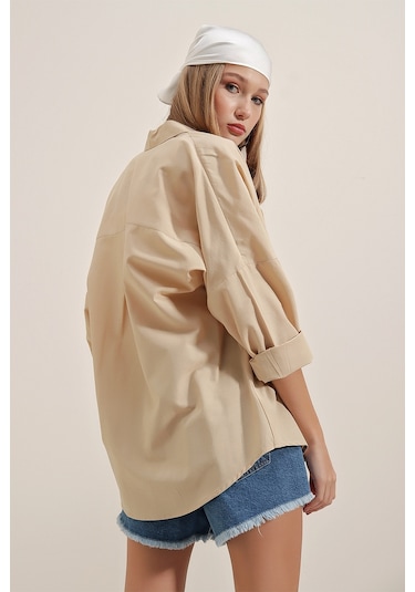 Bigdart 3900 Oversize Uzun Basic Gömlek - Bej 001