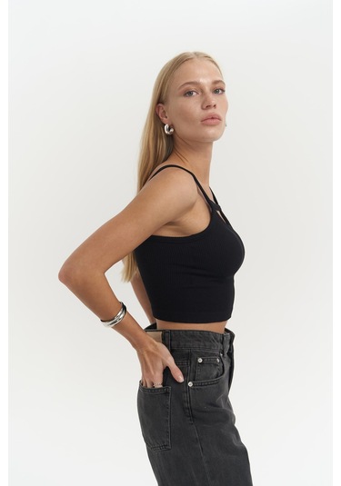 Noam Siyah Ön Detay Fitilli Crop Siyah