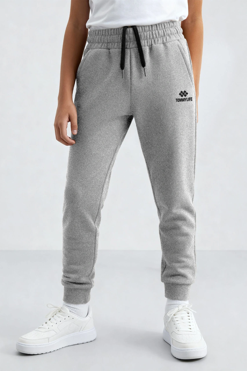 Gri Melanj Standart Fit Manşetli İnce Erkek Çocuk Eşofman Alt - 11062 Gri Melanj