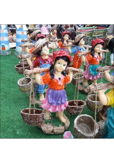 M3 Gerçek Gibi Saksılı Sepetli Yoğurtçu Testili Kız 55 Cm Ev Heykeli Kırmızı