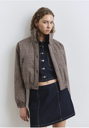 Mavi - Kahverengi Kareli Şişme Mont 1110269-90373 Kahverengi