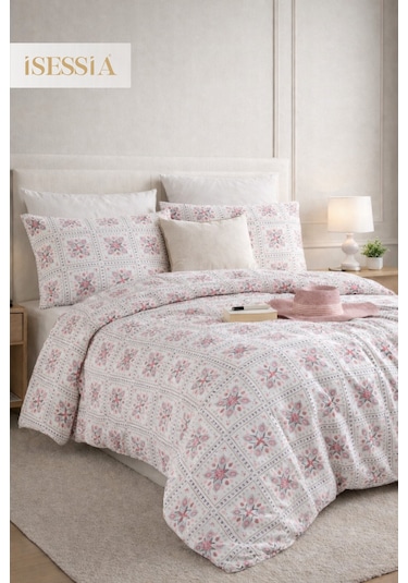 Mira Çift Kişilik Lastikli Çarşaflı Nevresim Takımı Beyaz - Çiçek - Motif
