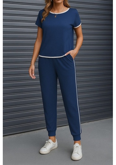 Supplierby Kadın Kısa Kollu Kayık Yaka Viskon Iki Iplik Bluz Ve Bağcıklı Pantolon Ikili Takım Lacivert