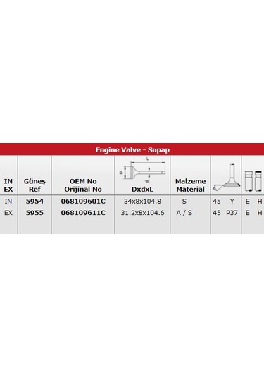 Gunes 5954-5955 Subap Takımı Polo Jetta Dızel In 4 / Ex 4