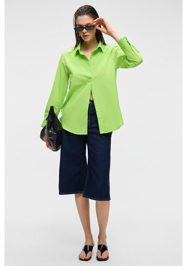 DELFINO Kadın Oversize %100 Organik Pamuk Uzun Kollu İnce Uzun Fıstık Yeşili Gömlek