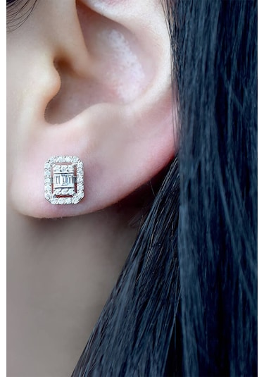 Modern Tasarım 0.55 Ct Baget Kare Tektaş Küpe N11.110