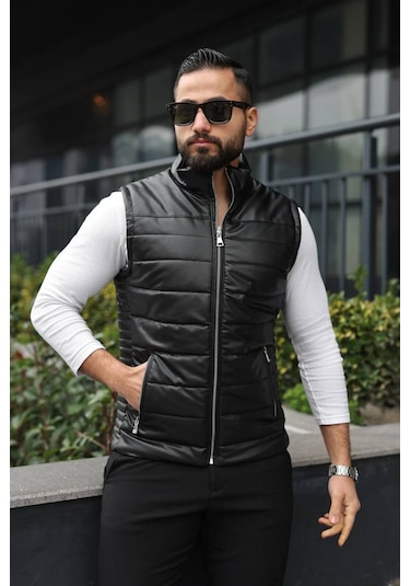 Basic Slim Fit Deri Yelek Siyah