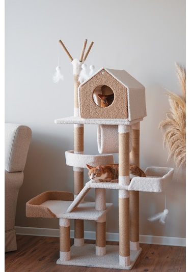 Kuara Bella Kedi Ağacı 3 Katlı Tırmalama Direği Yatak ve Oyuncaklı