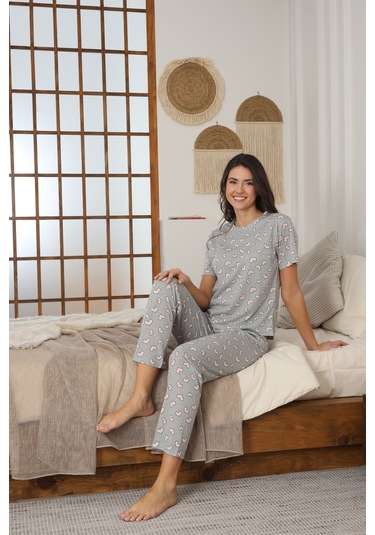 Kadın Yazlık Kısa Kol Penye Süprem Kumaş Pijama Takımı Haki Kalpli