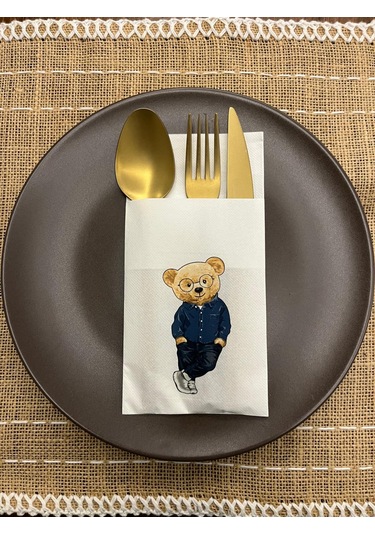 Mavi Gömlekli Sevimli Ayı Baskılı Yılbaşı Kanguru Cepli Peçete Beyaz12 Adet