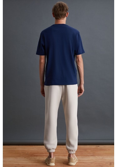 GRIMELANGE Solo Erkek %100 Organik Pamuklu Kalın Dokulu Comfort Fit Bisiklet Yakalı Lacivert T-shirt Lacivert