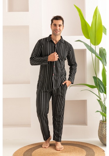Erkek Jakarlı Düğmeli Pamuk Pijama Takımı- Çizgili Erkek Pijama Lacivert