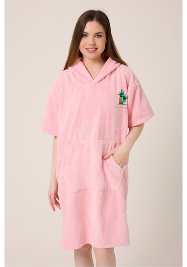 Palmiye Sörf Nakışlı Yetişkin Sörf Yazlık Panço Kapüşonlu Plaj Havlusu Pudra Pudra