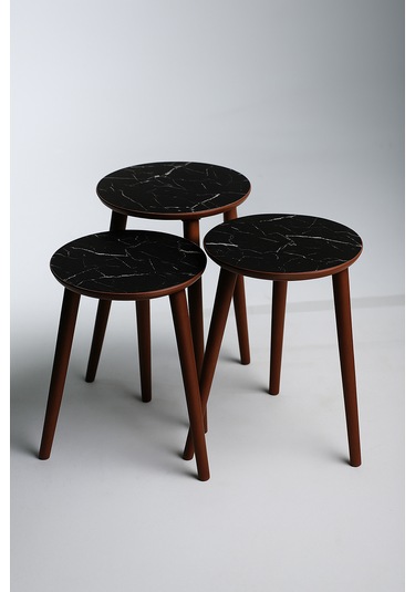 Madrid 3'lü Zigon Sehpa %100 Mdf Yuvarlak Siyah Mermer Desen