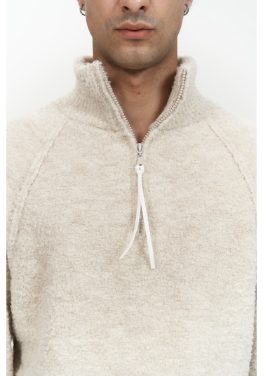 Zane Fermuar Detay Bej Erkek Triko Kazak Bej