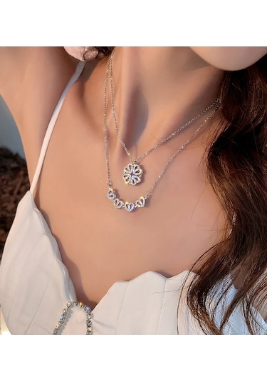 Ervanur Zirkon Taşlı Çoklu Kalpli Açılır Kapanır Mıknatıslı Yonca Kolye