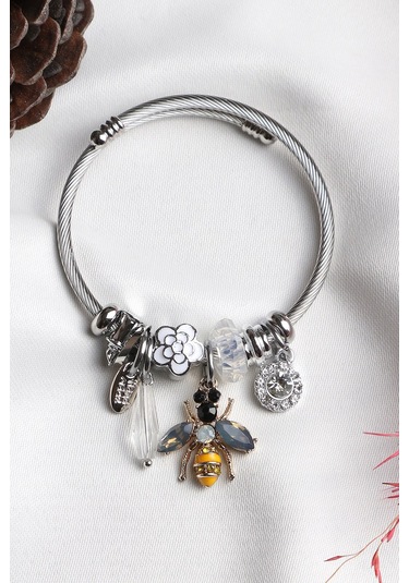 Kadın Charmlı Arı Figürlü Çelik Bileklik Çelik