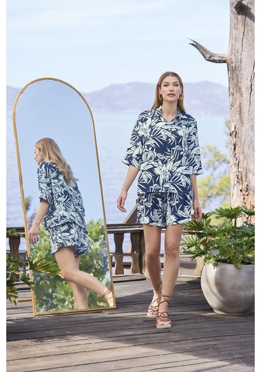 Monamise Kadın Yaprak Desenli Önü Düğmeli Gömlek Yaka Alt Üst Takım 25015 Lacivert