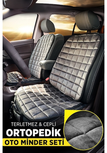 Premium Cepli Ortopedik Oto Koltuk Minder Seti - Oto Koltuk Kılıfı - Ön 2 Koltuk Set - Antrasit
