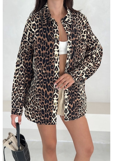 Asprin Fashion Leopar Desen Gabardin Gömlek Leopar