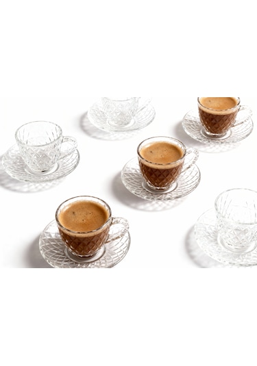 6 Lı Zarif Desenli Cam Kahve Fincanı & Tabak Seti Beyaz