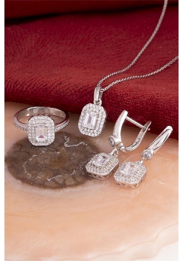 925 Ayar Gümüş Rodyumlu Zirkon Taşlı Sekizgen Baget Bayan Takı Seti -8233 Gümüş