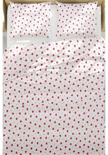Kalp Desenli Lastikli Çarşaf Tek Kişilik Nevresim Takımı takımı Beyaz Kırmızı