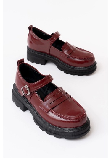 Bordo Rugan Kadın Günlük Yüksek Tabanlı Loafer Ayakkabı Bordo
