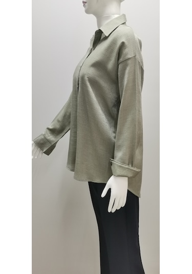 Kadın Uzun Kollu Salaş Parlak Simli Pamuk Gömlek Mint Yeşili