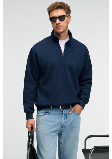 BAXTER Erkek Dik Yakalı Fermuarlı Relaxed Lacivert Sweatshirt