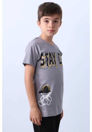 Erkek Çocuk Tişört Stay Cool Baskılı Bisiklet Yaka F18 Gri