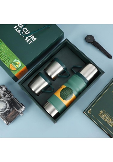 Thermohis 6158 Çelik Termos 3 Bardaklı Set Yeşil