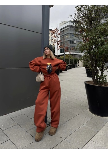 Reka Moda Bisiklet Yaka Üç İplik Sweat Takım - Kiremit Kiremit