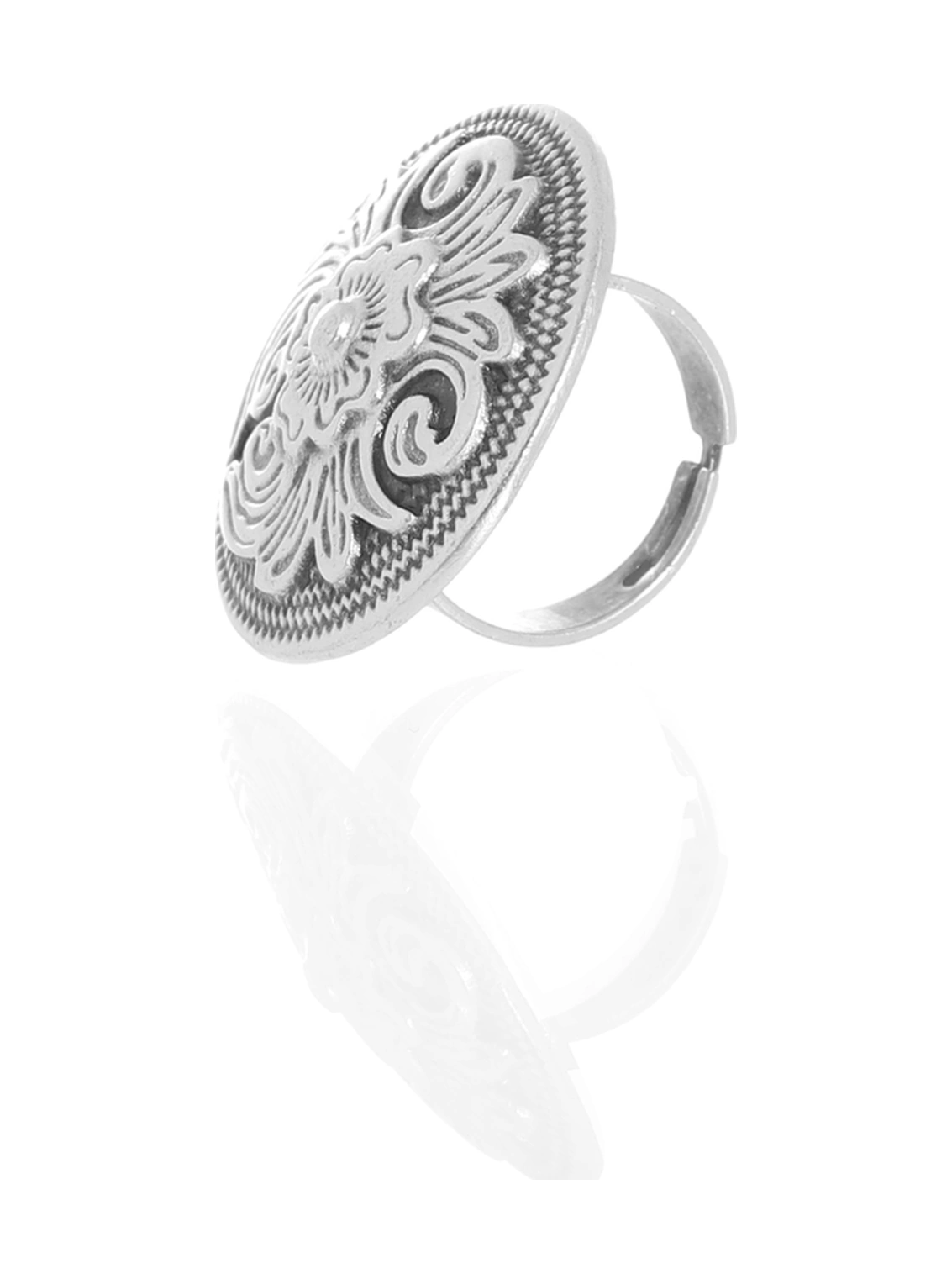 Kadın Antik Gümüş Kaplama Çiçek Motifli Ayarlanabilir Yüzük Gümüş