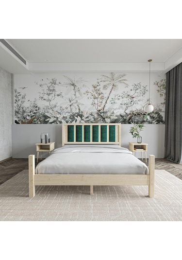 Orion Model Zümrüt Yeşili Puflu Başlıklı Doğal Çam Ahşap Karyola Ve İki Komodin Set-234 120 x 200