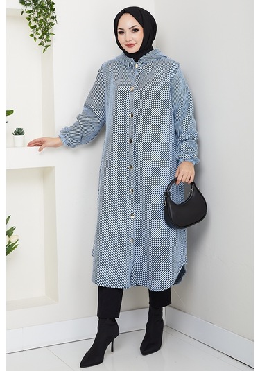 Çizgi Detay Kapüşonlu Kaşe Kap 1634 - Mavi Mavi