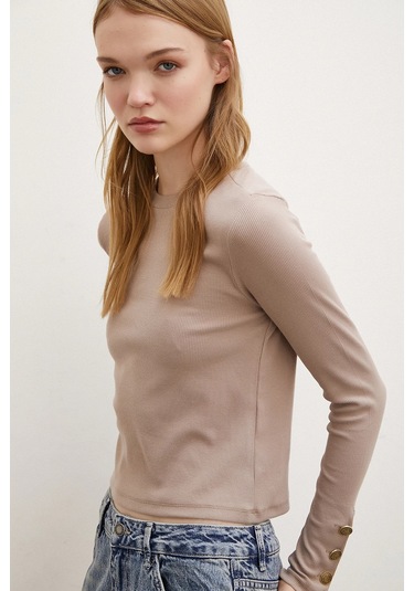 Kolu Düğmeli Bluz Vizon Vizon