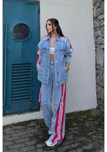 Kadın Kot Garnili Yanı Kırmızı Şeritli Palazzo Alt Üst Takım Çok Renkli