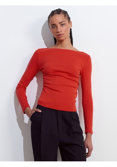 Dilvin 31401 Büzgülü Kayık Yaka Top-kırmızı Kırmızı