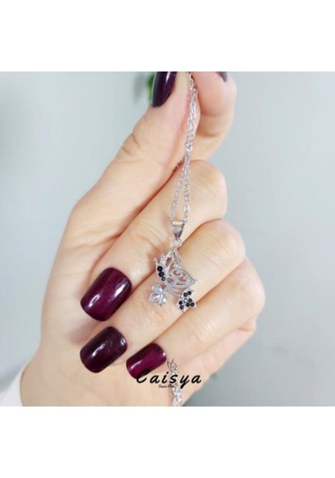 Nano Siyah Taşlı Yapraklı Kelebek Gümüş Kolye-Silver