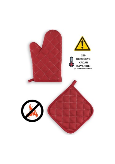 Yanmaz Fırın Eldiveni Ve Fırın Tutacağı 1 Eldiven 1 Tutacak Vişne