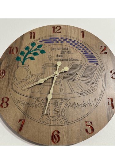 Ahşap Desen Duvar Saati - Çay Bir Şiir İdi - Epoksi Reçine Kaplamalı - 40 Cm Ahşap
