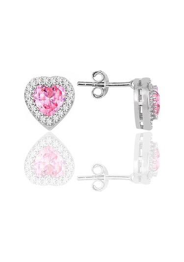 Gümüş Rodyumlu Pembe Taşlı Pırlanta Modeli Kalp Kolye, Küpe, Bileklik Üçlü Set