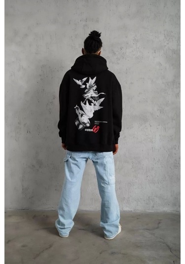 Erkek Şapkalı Güvercin Baskılı Kapşonlu Sweat - Siyah Siyah