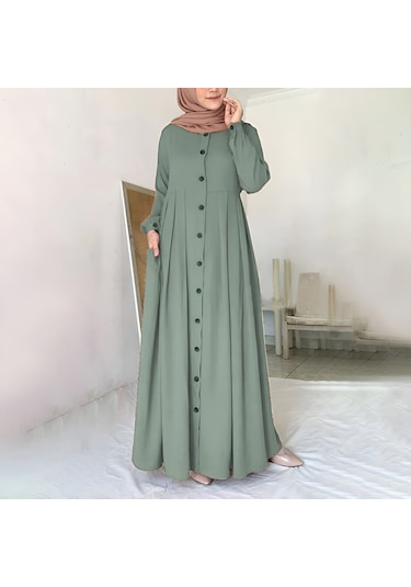 Barbora Keten Günlük Yazlık Tam Boy Tesettür Kadın Elbise Ln391haki2 001