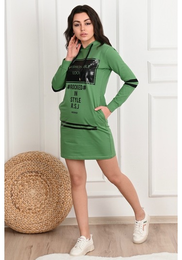 Kadın Kapüşonlu Baskılı Sweat Elbise 7004 001