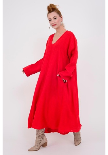 İtalyan V Yaka Uzun Kol Keten Elbise-8907 Kırmızı